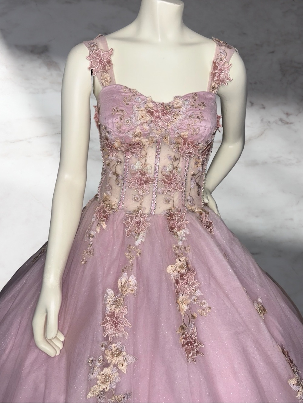 Elegant Pink Ball Gown Quinceañera Dress with Floral Embroidery Sheer Corset